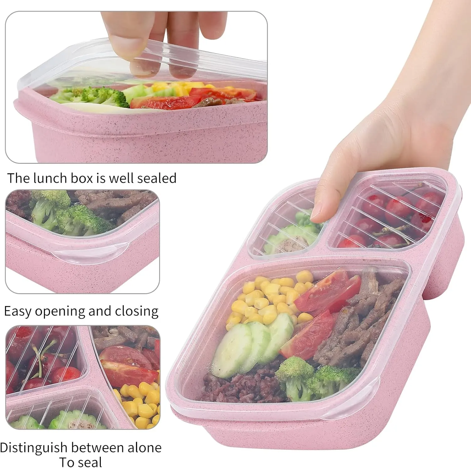 4 Pack Bento Lunch Box Set 3 Compartment Wheat Straw Meal Prep Food Storage Containers Plastic, Microwave and Dishwasher Safe (3 Compartment)