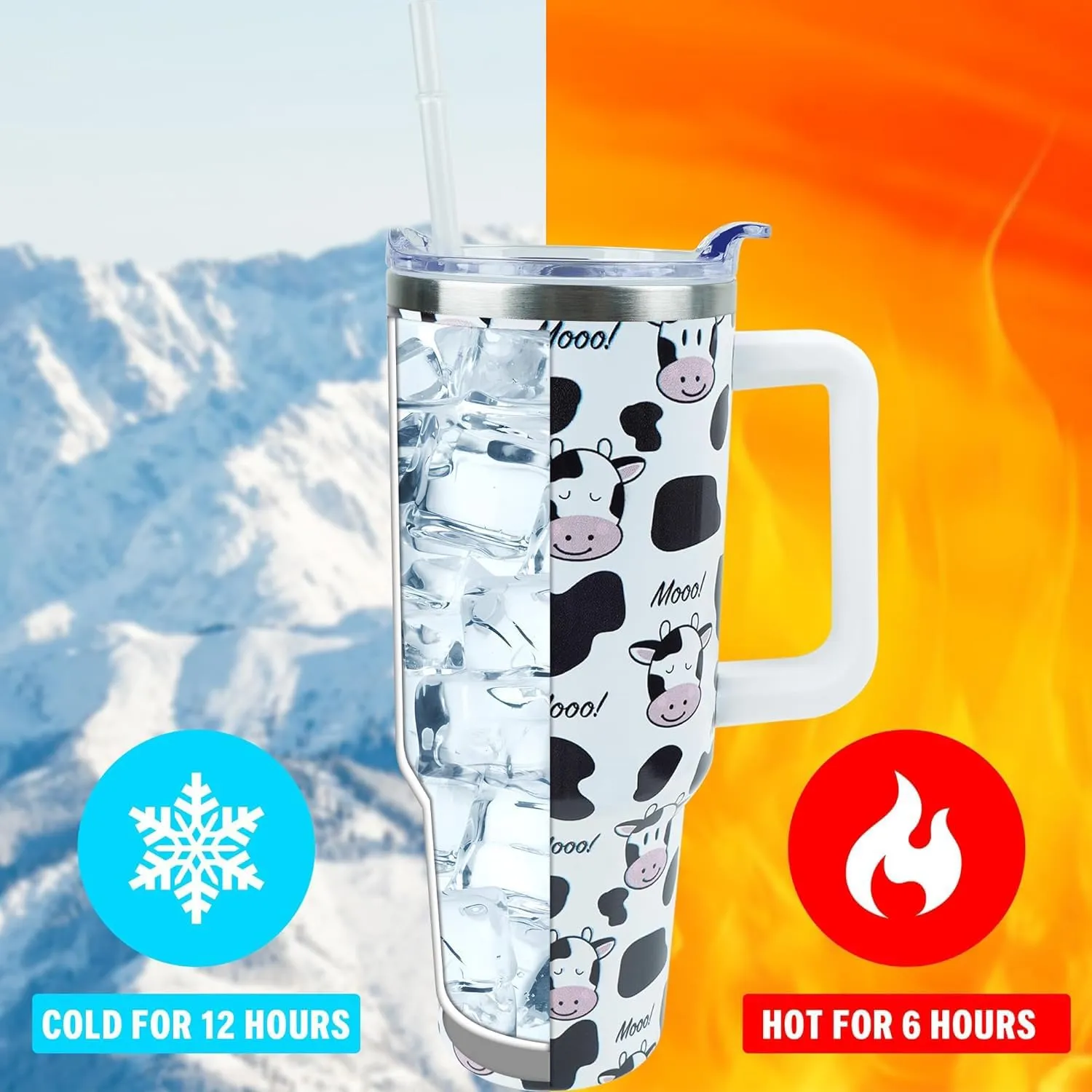 40 oz Tumbler with Handle and Straw, Stainless Steel Insulated Cup with Leak Proof Lid and Straw Lid, Keep Drinks Cold and Hot for Hours（Cow）