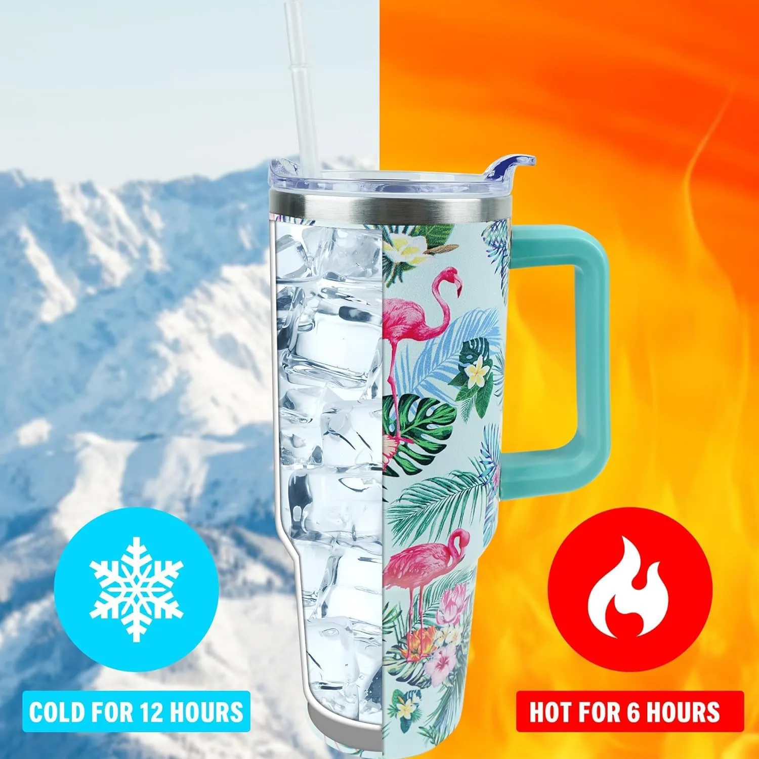 40 oz Tumbler with Handle and Straw, Stainless Steel Insulated Cup with Leak Proof Lid and Straw Lid, Keep Drinks Cold and Hot for Hours(Flamingo)