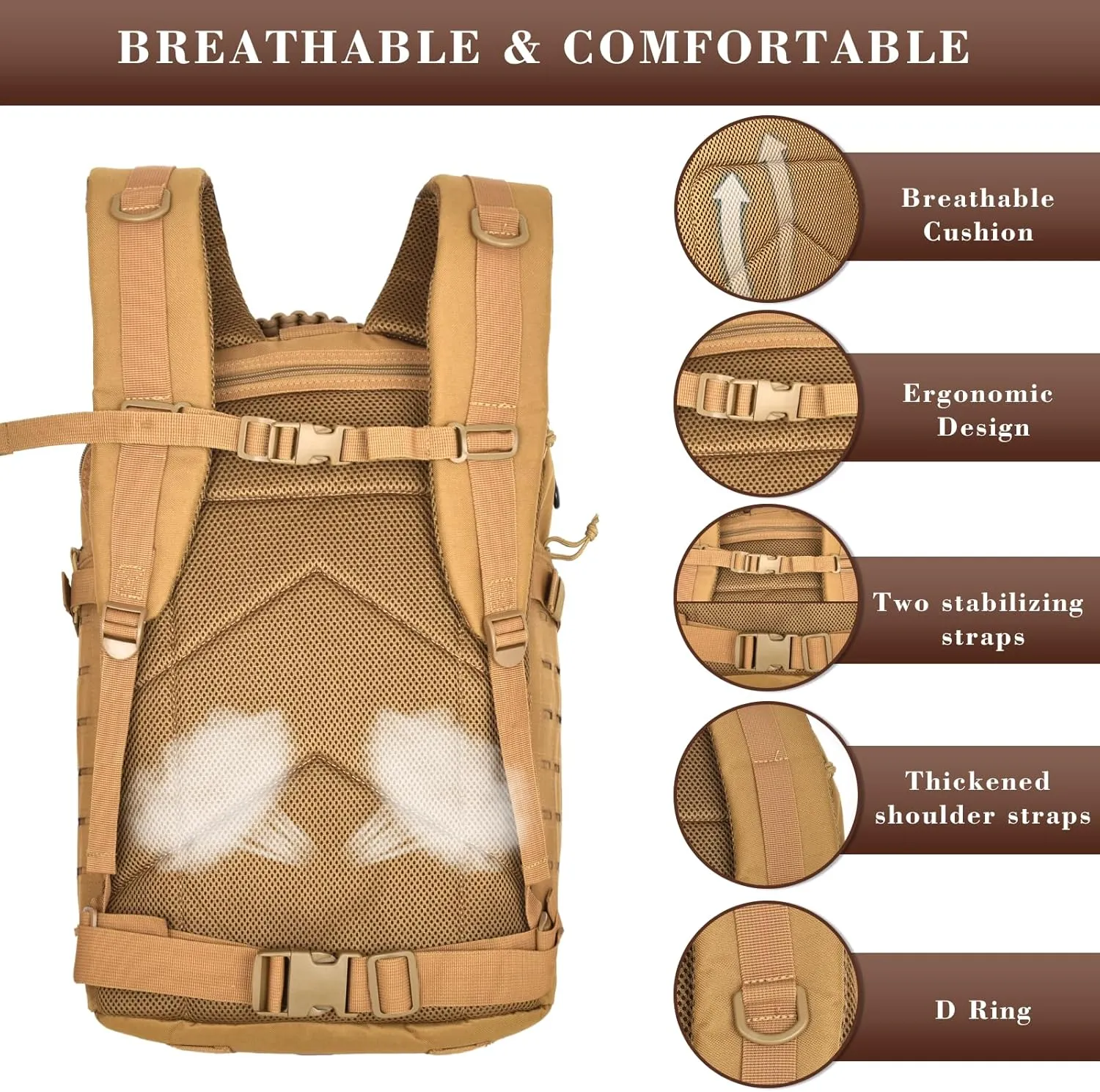 40L Military Tactical Backpack for Men, Molle EDC Daypack Work Backpack for Hiking, Army 3 Days Assault Pack & Bug Out Bag with Water Bladder Compartment (05-Khaki)