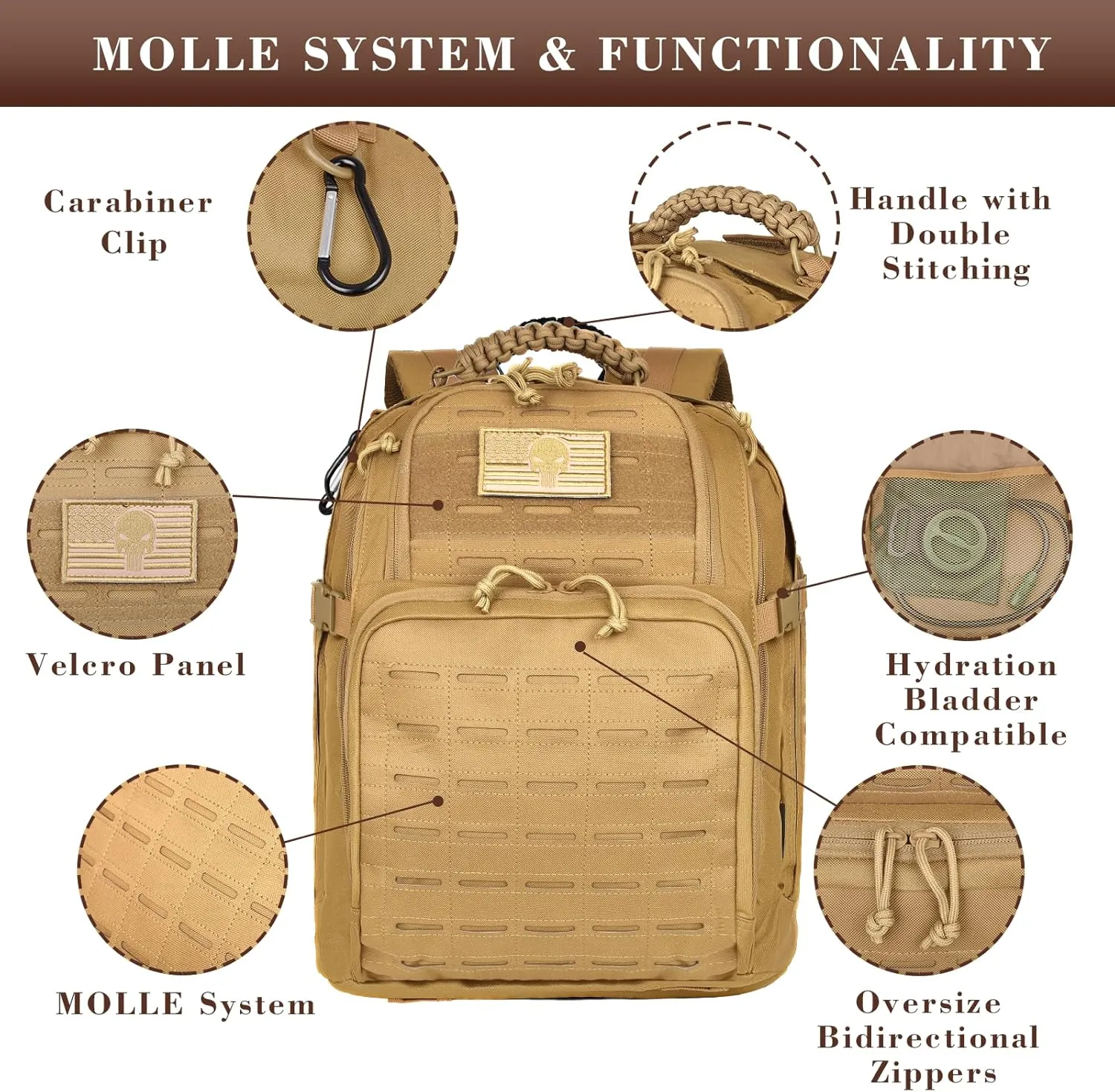 40L Military Tactical Backpack for Men, Molle EDC Daypack Work Backpack for Hiking, Army 3 Days Assault Pack & Bug Out Bag with Water Bladder Compartment (05-Khaki)