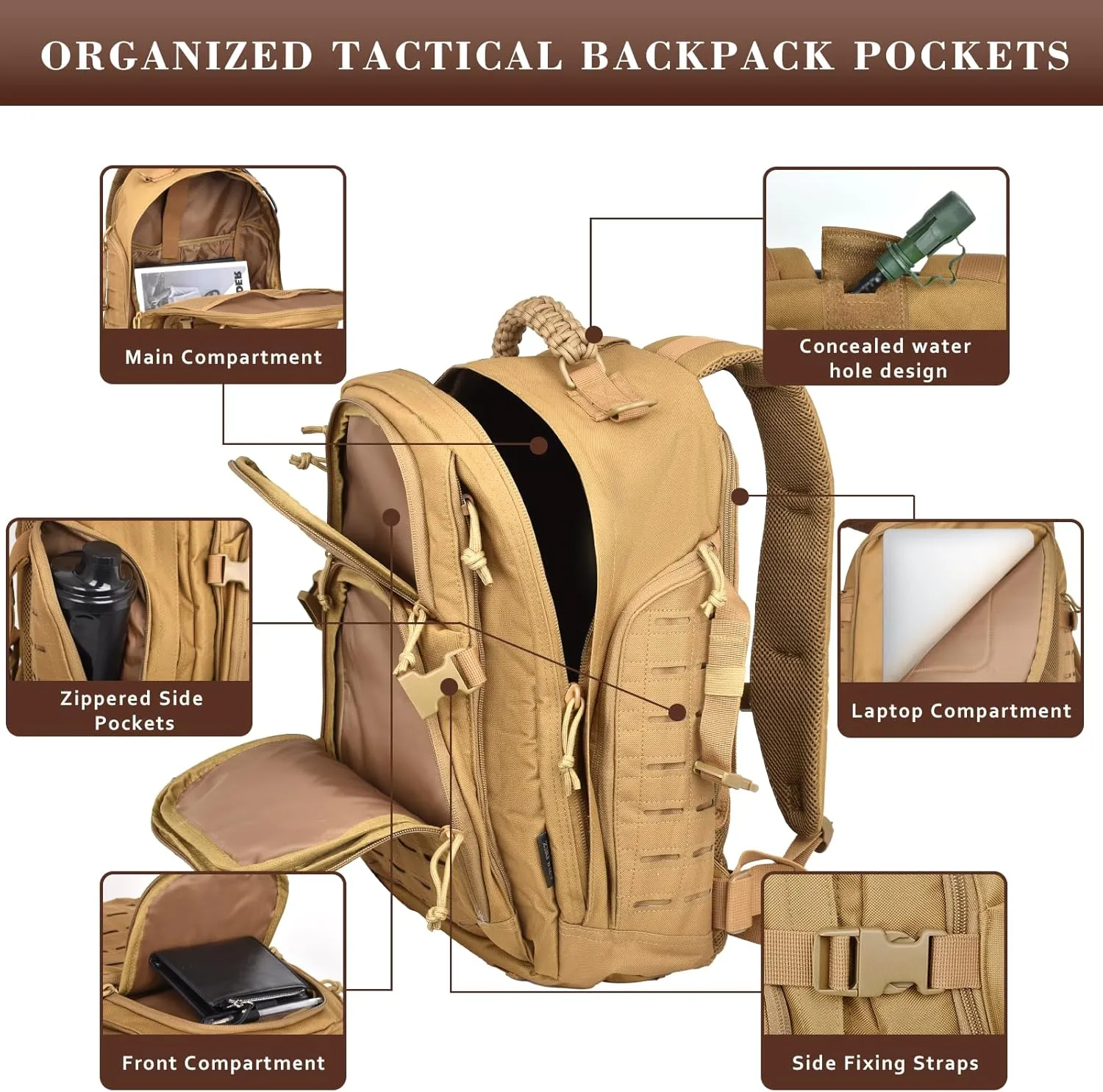 40L Military Tactical Backpack for Men, Molle EDC Daypack Work Backpack for Hiking, Army 3 Days Assault Pack & Bug Out Bag with Water Bladder Compartment (05-Khaki)