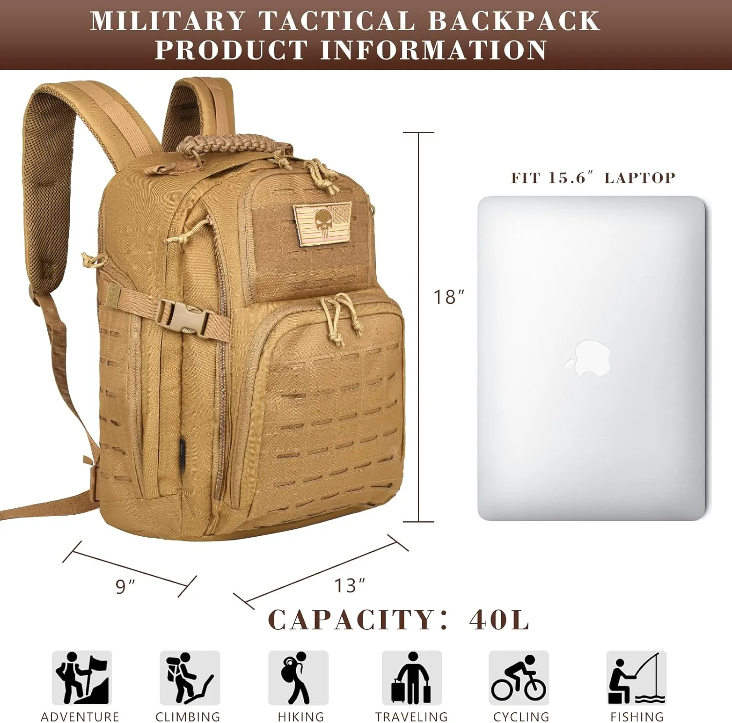 40L Military Tactical Backpack for Men, Molle EDC Daypack Work Backpack for Hiking, Army 3 Days Assault Pack & Bug Out Bag with Water Bladder Compartment (05-Khaki)