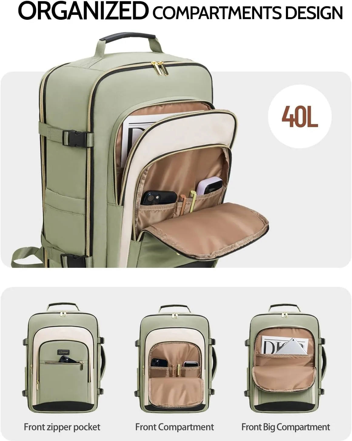 40L Travel Backpack for Women, Carry On Bag Flight Approved, Waterproof Backpack with 3 Packing Cubes, Weekender Personal Item Backpack for Airplane Travel Essentials, TSA Approved