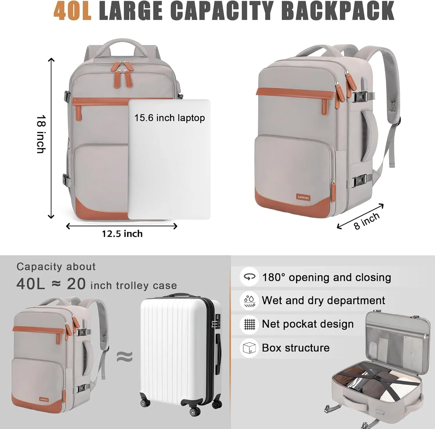 40L Travel Backpack with USB Charging Port, Water-Resistant Carry On Backpack for Men Women, Business Laptop Backpack for Men & Women, Trips & Commutes, Fits 15.6/17.3 Inch Laptop (Grey)