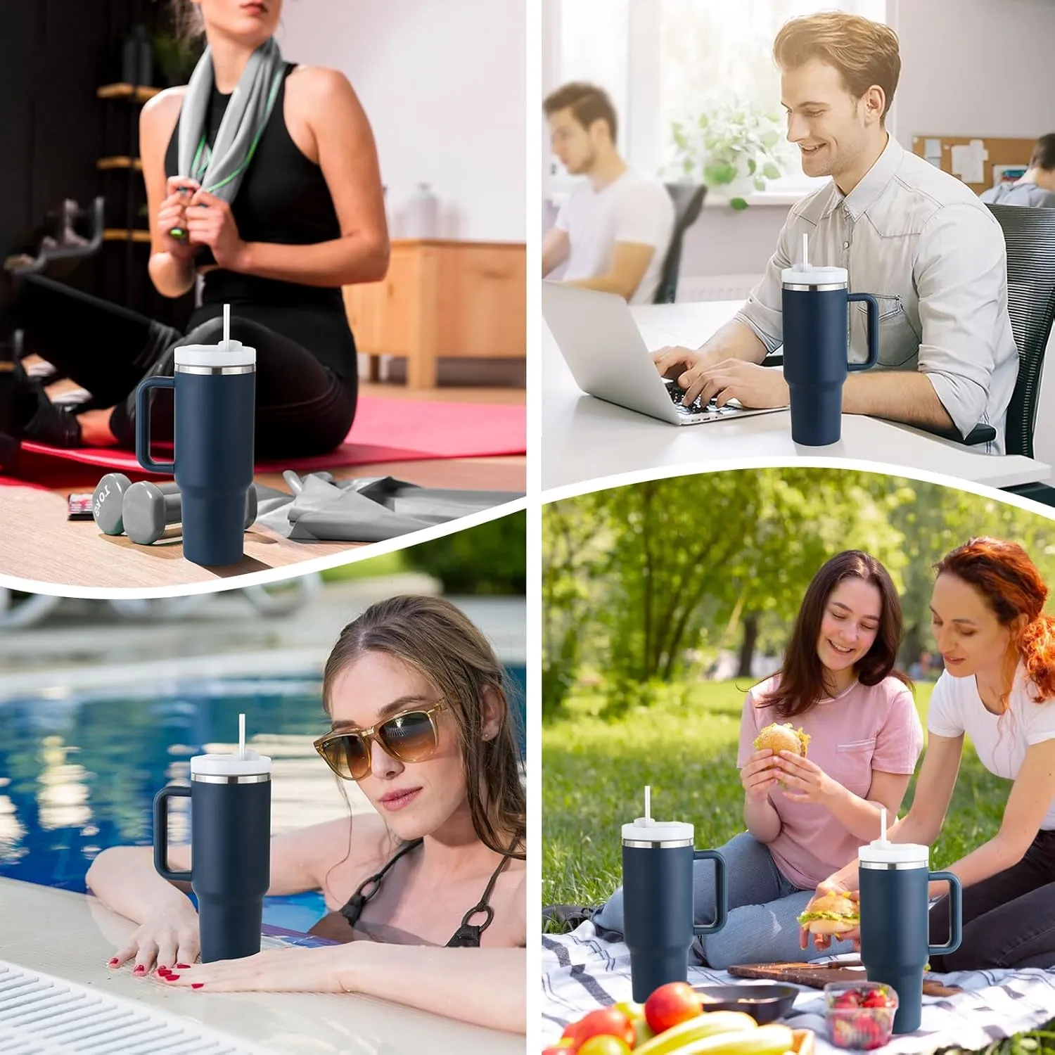 40oz Tumbler with Handle Straw Lid, Stainless Steel Vacuum Insulated Reusable Travel Mug Keep Drinks Cold Ice Gym Cup, Gifts for Women Men Lovers, Car Holder Friendly, Navy Blue
