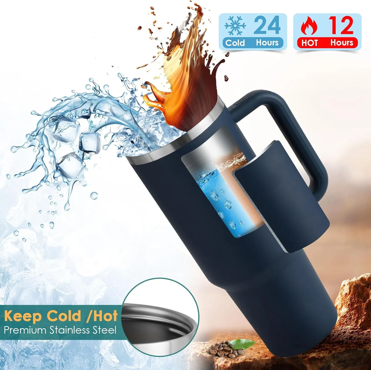 40oz Tumbler with Handle Straw Lid, Stainless Steel Vacuum Insulated Reusable Travel Mug Keep Drinks Cold Ice Gym Cup, Gifts for Women Men Lovers, Car Holder Friendly, Navy Blue