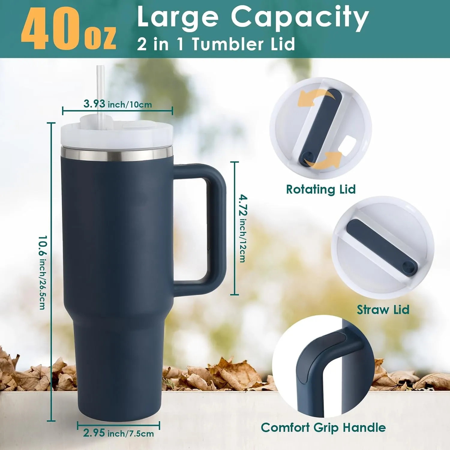 40oz Tumbler with Handle Straw Lid, Stainless Steel Vacuum Insulated Reusable Travel Mug Keep Drinks Cold Ice Gym Cup, Gifts for Women Men Lovers, Car Holder Friendly, Navy Blue