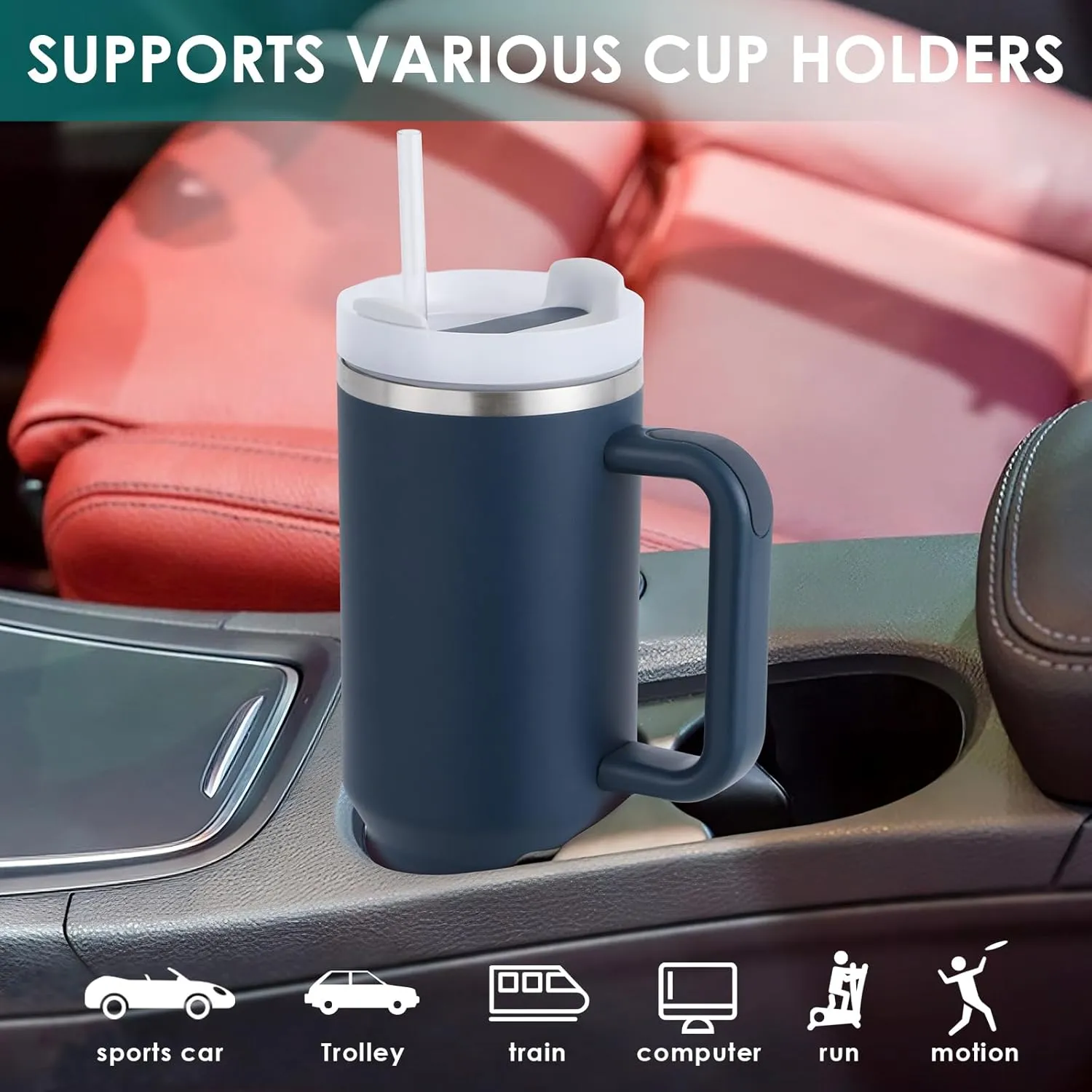 40oz Tumbler with Handle Straw Lid, Stainless Steel Vacuum Insulated Reusable Travel Mug Keep Drinks Cold Ice Gym Cup, Gifts for Women Men Lovers, Car Holder Friendly, Navy Blue