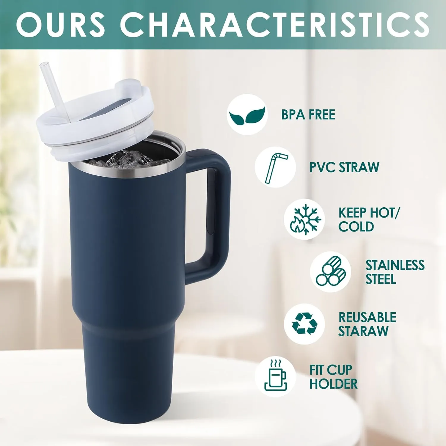 40oz Tumbler with Handle Straw Lid, Stainless Steel Vacuum Insulated Reusable Travel Mug Keep Drinks Cold Ice Gym Cup, Gifts for Women Men Lovers, Car Holder Friendly, Navy Blue