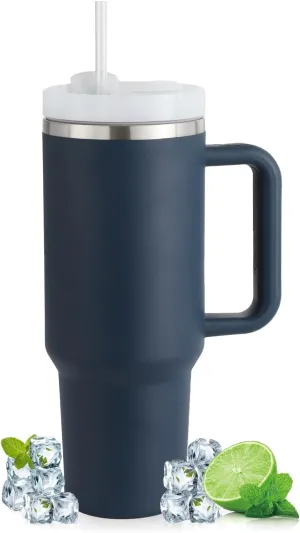 40oz Tumbler with Handle Straw Lid, Stainless Steel Vacuum Insulated Reusable Travel Mug Keep Drinks Cold Ice Gym Cup, Gifts for Women Men Lovers, Car Holder Friendly, Navy Blue
