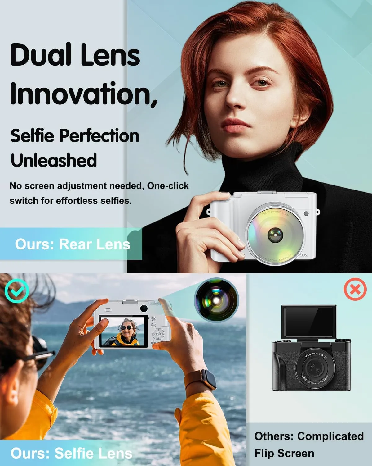 4K Digital Camera for Photography, 64MP Autofocus Vlogging Camera for YouTube with Selfie Lens, Compact Travel Video Camera with Flash, 16X Zoom, Anti-Shake, 32GB Card, 2 Batteries(White)