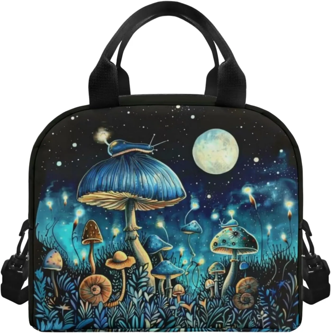 4PCS Blue Mushroom Moon Backpack for Girls Boys Kids School Backpack Set with Lunch Bag Pencil Case 2Pcs Bookmark Lightweight Backpack 4 in 1 Set for Elementary Middle School Students