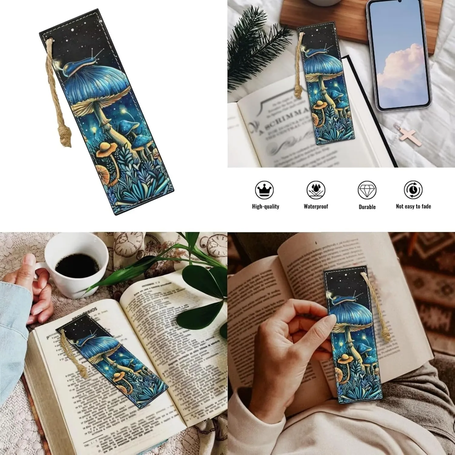 4PCS Blue Mushroom Moon Backpack for Girls Boys Kids School Backpack Set with Lunch Bag Pencil Case 2Pcs Bookmark Lightweight Backpack 4 in 1 Set for Elementary Middle School Students