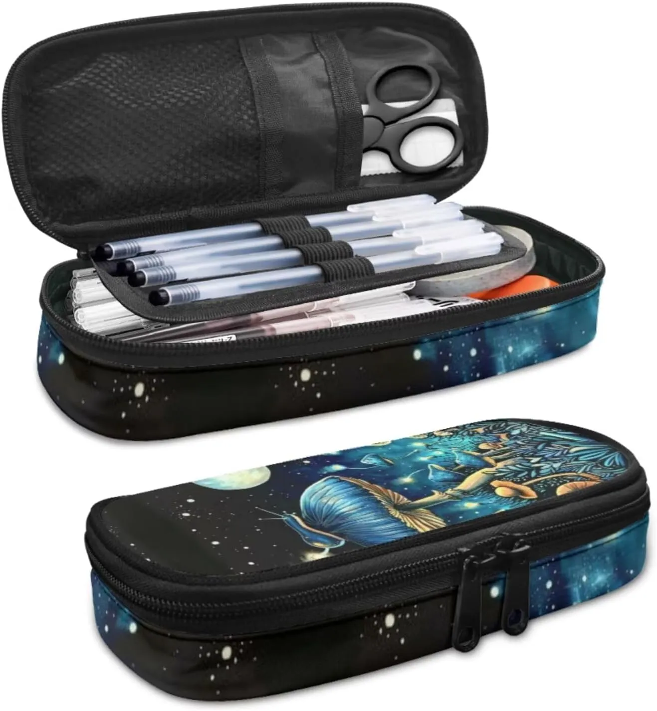 4PCS Blue Mushroom Moon Backpack for Girls Boys Kids School Backpack Set with Lunch Bag Pencil Case 2Pcs Bookmark Lightweight Backpack 4 in 1 Set for Elementary Middle School Students