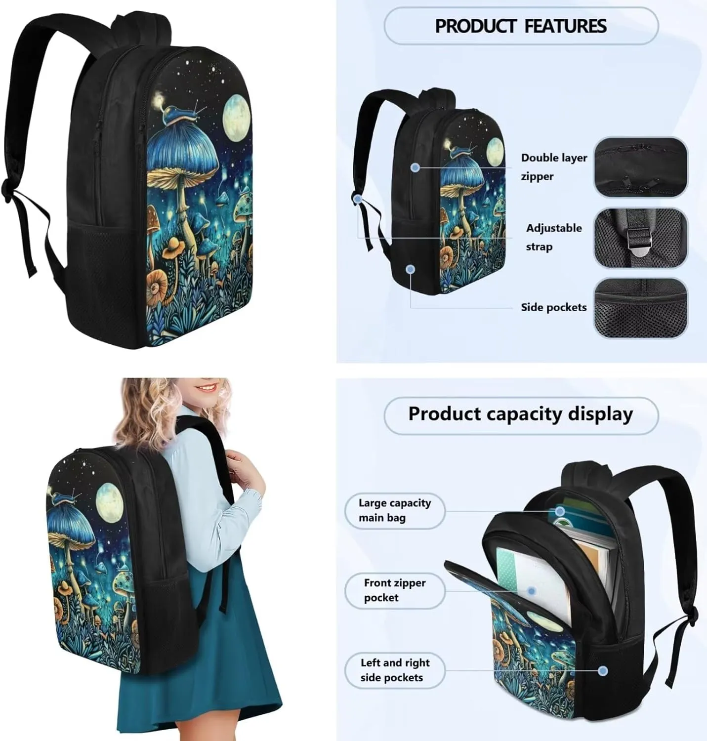 4PCS Blue Mushroom Moon Backpack for Girls Boys Kids School Backpack Set with Lunch Bag Pencil Case 2Pcs Bookmark Lightweight Backpack 4 in 1 Set for Elementary Middle School Students