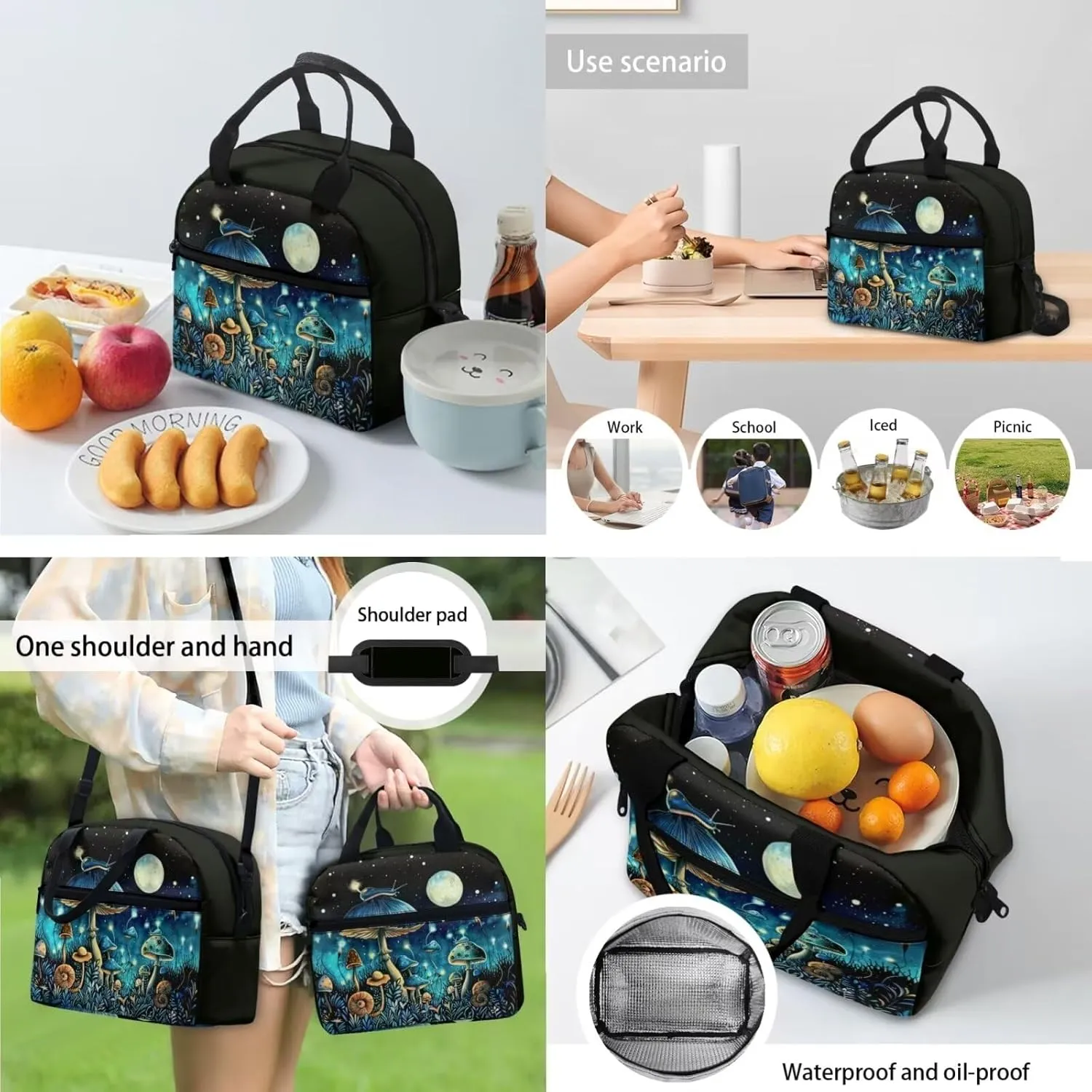 4PCS Blue Mushroom Moon Backpack for Girls Boys Kids School Backpack Set with Lunch Bag Pencil Case 2Pcs Bookmark Lightweight Backpack 4 in 1 Set for Elementary Middle School Students