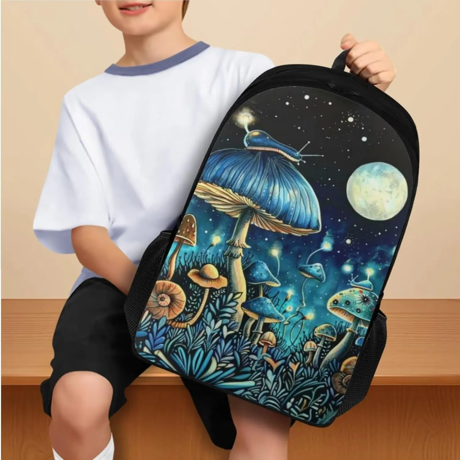 4PCS Blue Mushroom Moon Backpack for Girls Boys Kids School Backpack Set with Lunch Bag Pencil Case 2Pcs Bookmark Lightweight Backpack 4 in 1 Set for Elementary Middle School Students