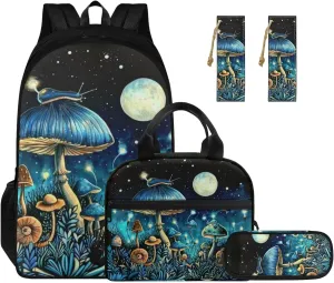4PCS Blue Mushroom Moon Backpack for Girls Boys Kids School Backpack Set with Lunch Bag Pencil Case 2Pcs Bookmark Lightweight Backpack 4 in 1 Set for Elementary Middle School Students