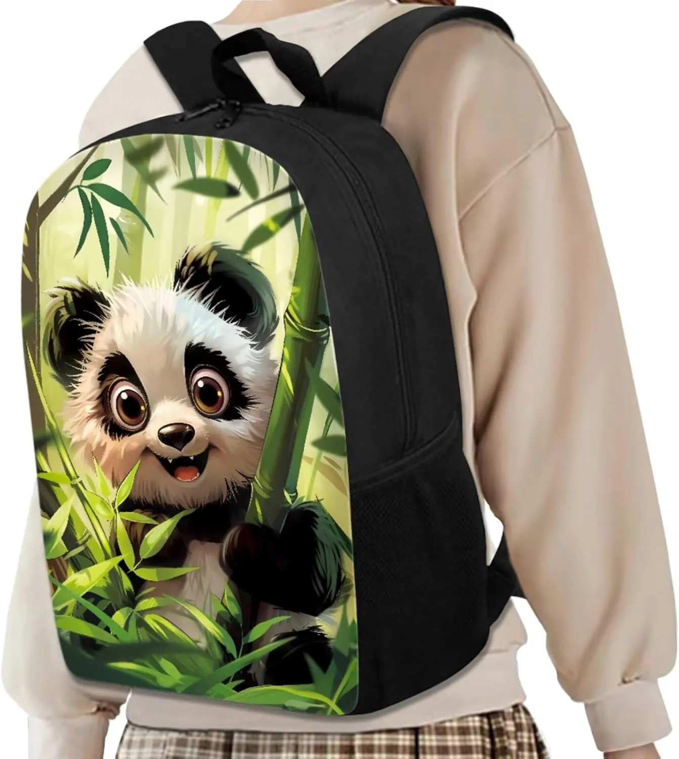 4PCS Panda Backpack for Girls with a Matching Lunchbox Backpack with Adjustable Straps Wate Bottle Carrier and Pencil Holder 17 Inch Novelty Bookbag for 1-8th Grade Students