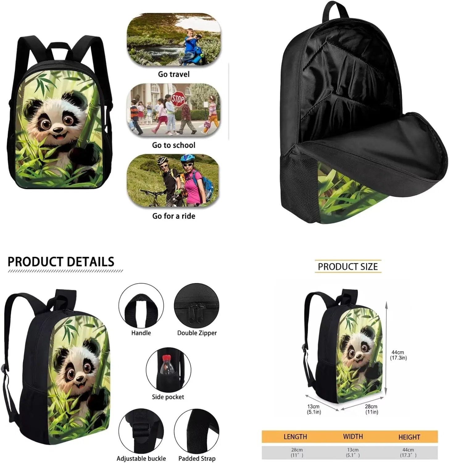 4PCS Panda Backpack for Girls with a Matching Lunchbox Backpack with Adjustable Straps Wate Bottle Carrier and Pencil Holder 17 Inch Novelty Bookbag for 1-8th Grade Students