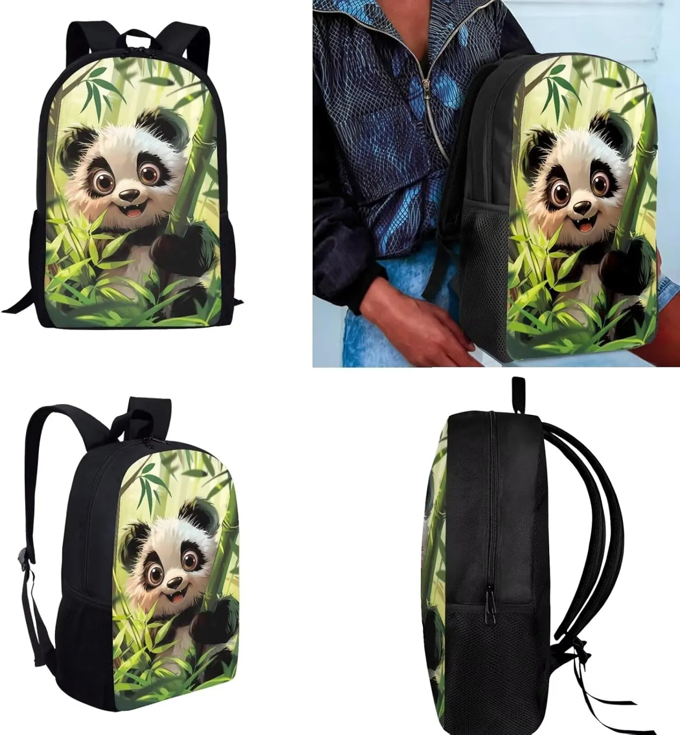 4PCS Panda Backpack for Girls with a Matching Lunchbox Backpack with Adjustable Straps Wate Bottle Carrier and Pencil Holder 17 Inch Novelty Bookbag for 1-8th Grade Students