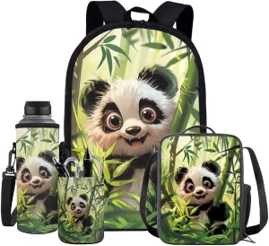4PCS Panda Backpack for Girls with a Matching Lunchbox Backpack with Adjustable Straps Wate Bottle Carrier and Pencil Holder 17 Inch Novelty Bookbag for 1-8th Grade Students