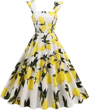 50s Dresses for Women 1950s Vintage Floral Cocktail Swing Dress Retro Tie Straps Backless Rockabilly Prom Tea Party Dresses