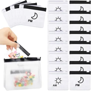56 Pcs AM PM Pill Pouches Bags Travel Pill Bags Zippered Medicine Organizer Day and Night Pill Bag Reusable Plastic Pill Baggies with Slide Lock Monthly Pill Organizer 2 Times a Day (Clear, Black)