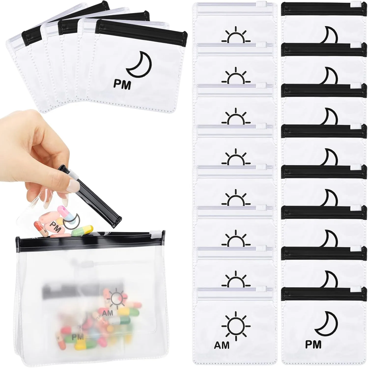 56 Pcs AM PM Pill Pouches Bags Travel Pill Bags Zippered Medicine Organizer Day and Night Pill Bag Reusable Plastic Pill Baggies with Slide Lock Monthly Pill Organizer 2 Times a Day (Clear, Black)