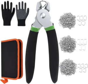 620 Pcs Hog Rings with Straight Hog Ring Pliers Kit with Leather Tool Kit, 3/4" 1/2" 3/8 "Galvanized Hog Rings for Animal Pet Cages、Ropes、Bagging、DIY Craft、Furniture
