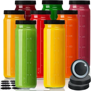 [8 Pack] 20 Oz Glass Juicing Bottles w Airtight Lids - Reusable Drinking Jars w Scale, Travel Water Cups - Tall Mason Jar for Juice, Boba, Smoothie, Vanilla Extract(Extra 3 Lids)