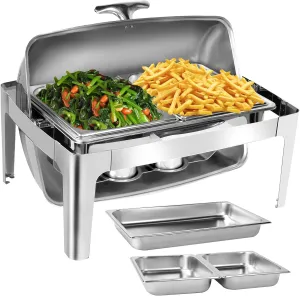 9.5QT Rectangular Roll Top Chafing Dish Buffet Set, Catering Food Warmer for Parties, Wedding, Birthday, Christmas, 1 Full Size & 2 Half-Size Chafing Server Dish (Standard Version)