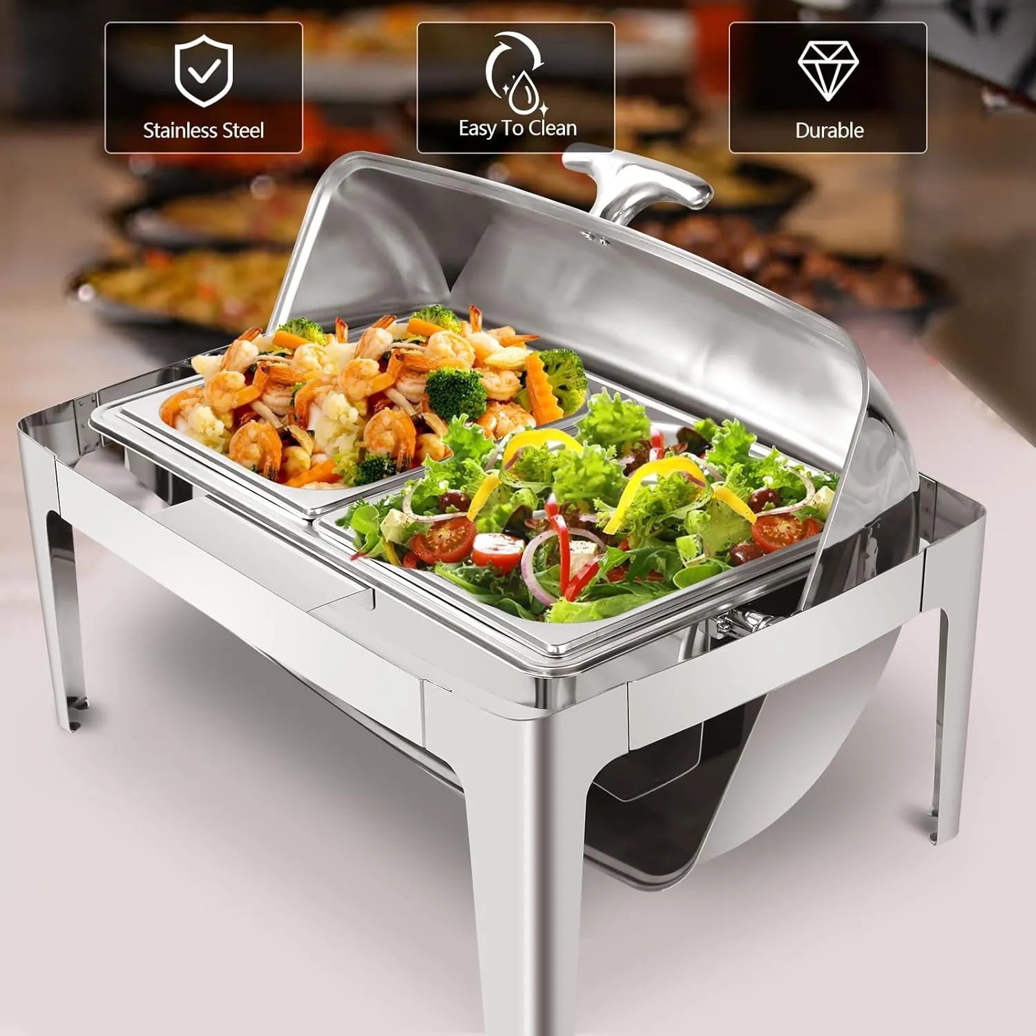 9.5QT Rectangular Roll Top Chafing Dish Buffet Set, Catering Food Warmer for Parties, Wedding, Birthday, Christmas, 1 Full Size & 2 Half-Size Chafing Server Dish (Standard Version)