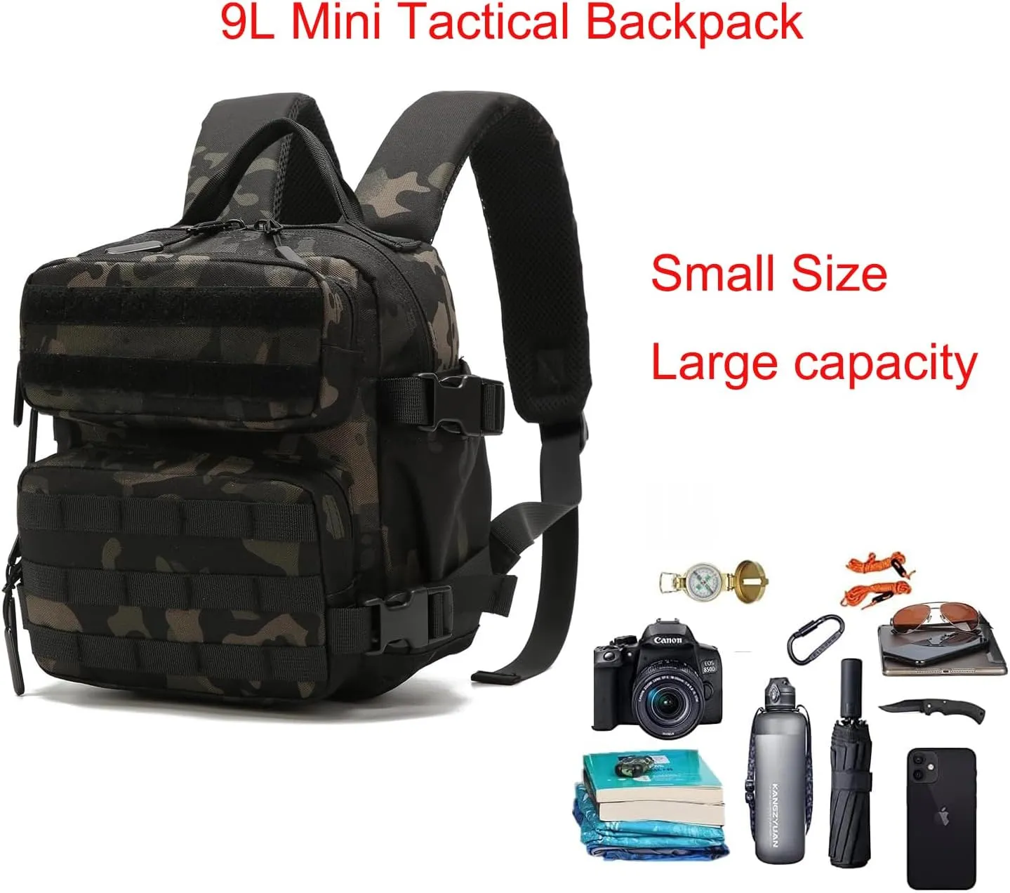 9L Mini Tactical Backpack Men Women Small Assault Rucksack Water-proof GYM Hiking Bug Out Bag with molle attachments (BCP)