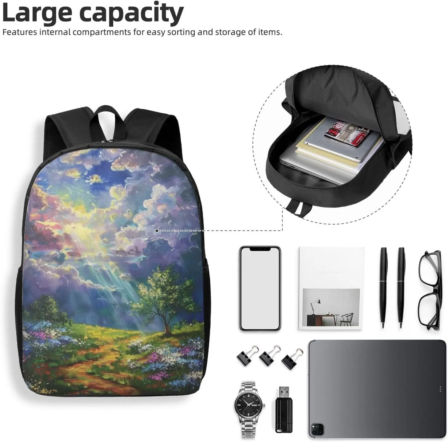 A beam of light illuminates print Lightweight Casual Travel Backpack with Laptop Compartments for Women men