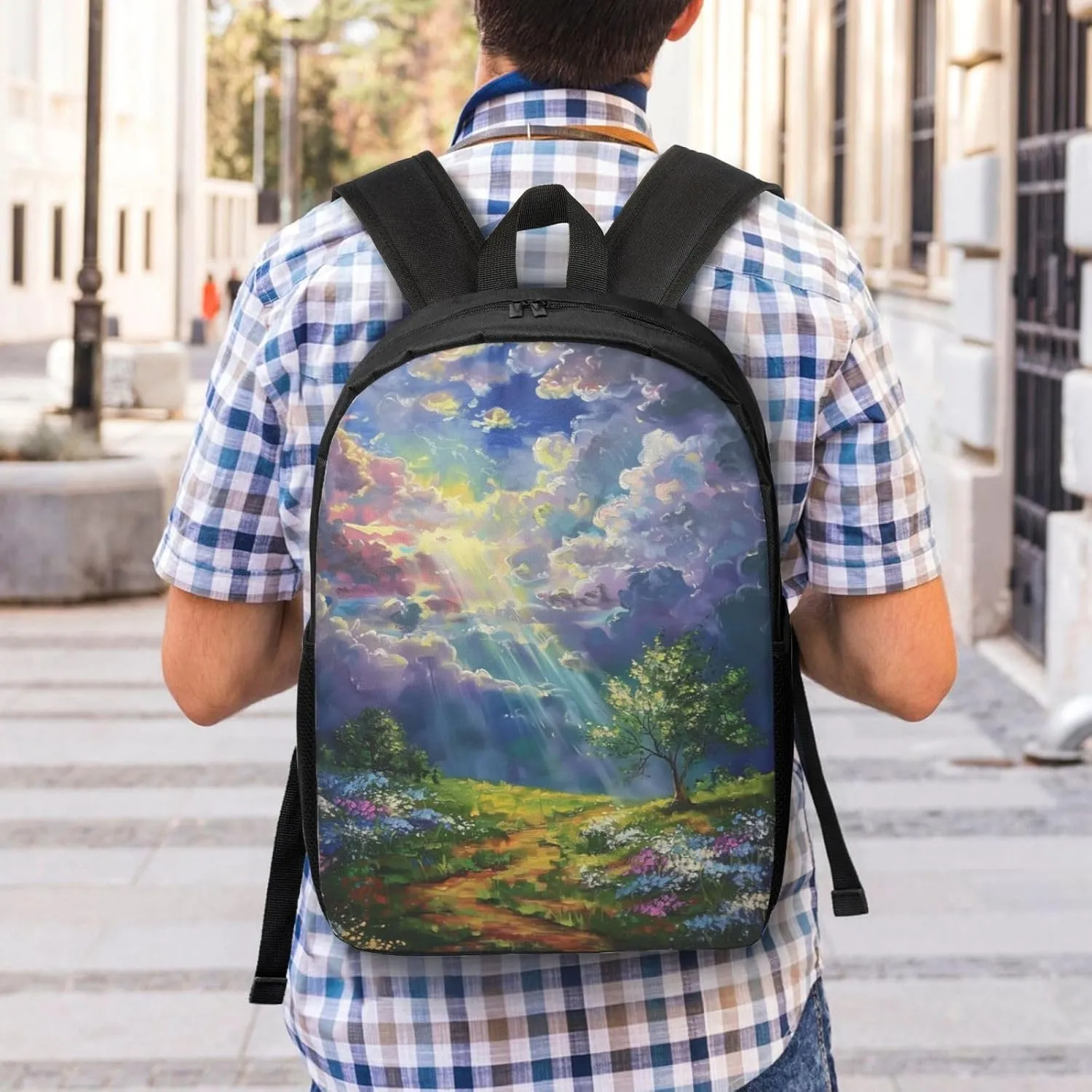 A beam of light illuminates print Lightweight Casual Travel Backpack with Laptop Compartments for Women men