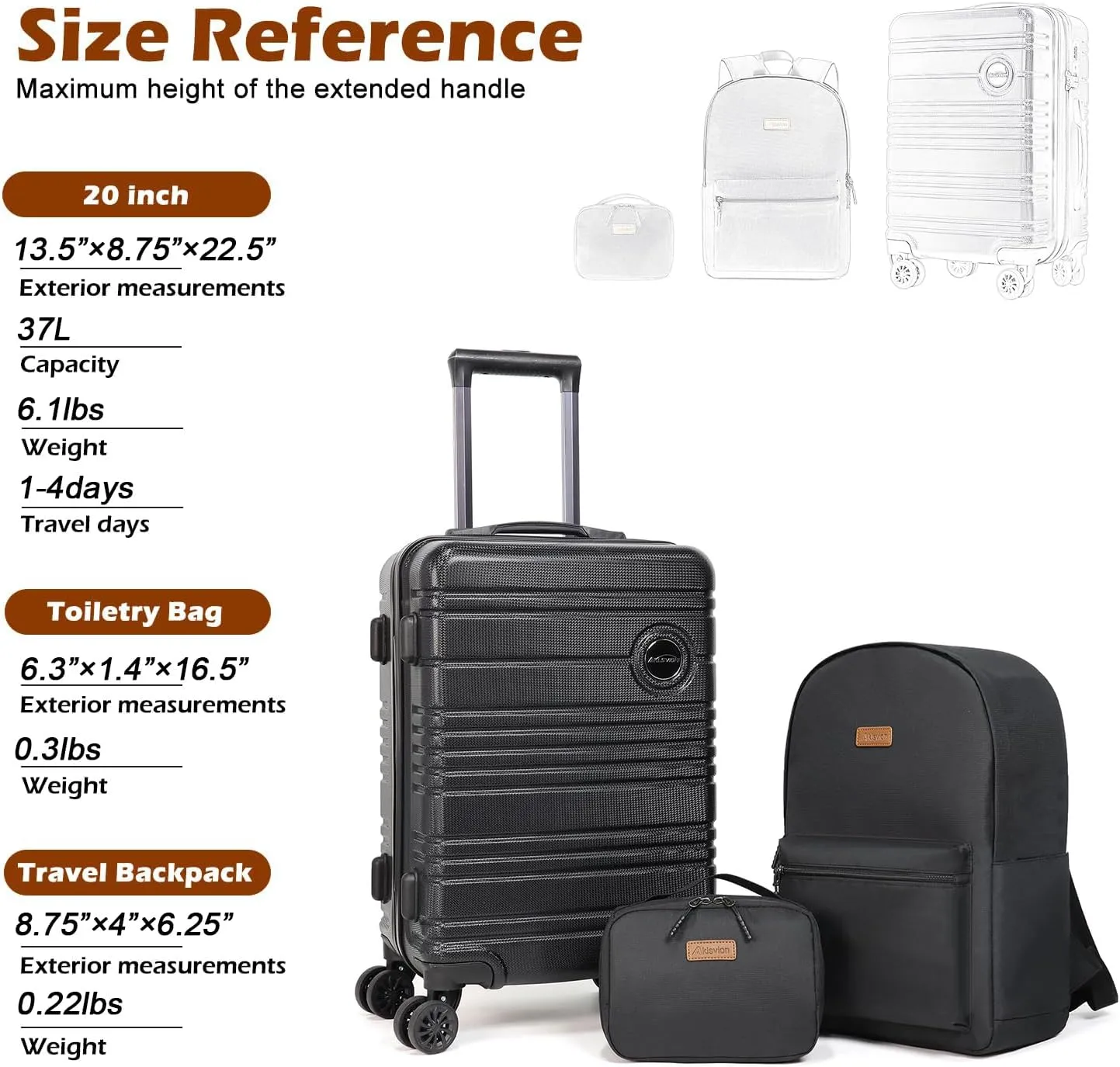 ABS PC Carry on Luggage set with backpack 3 Pcs suitcace with Spinner wheels TSA Lock 20-In hardshell Lightweight Luggage set(Black)
