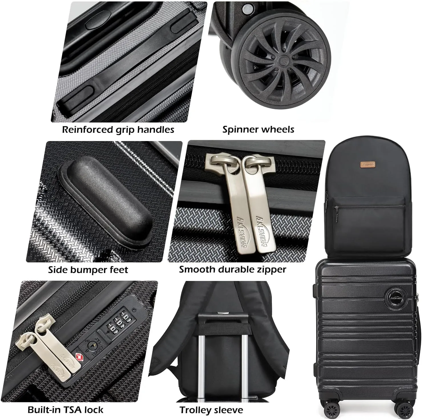 ABS PC Carry on Luggage set with backpack 3 Pcs suitcace with Spinner wheels TSA Lock 20-In hardshell Lightweight Luggage set(Black)