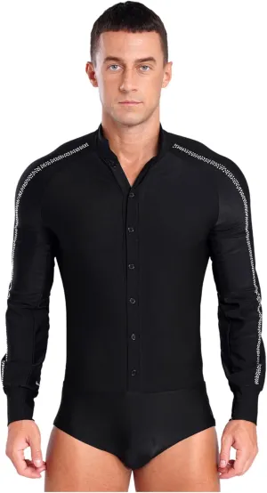 ACSUSS Men's Latin Ballroom Dance Shirts V Neck Leotard Unitard Latin Chacha Salsa Samba Modern Dance Costume