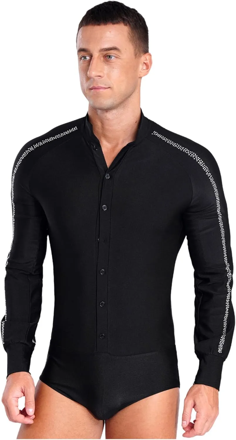 ACSUSS Men's Latin Ballroom Dance Shirts V Neck Leotard Unitard Latin Chacha Salsa Samba Modern Dance Costume