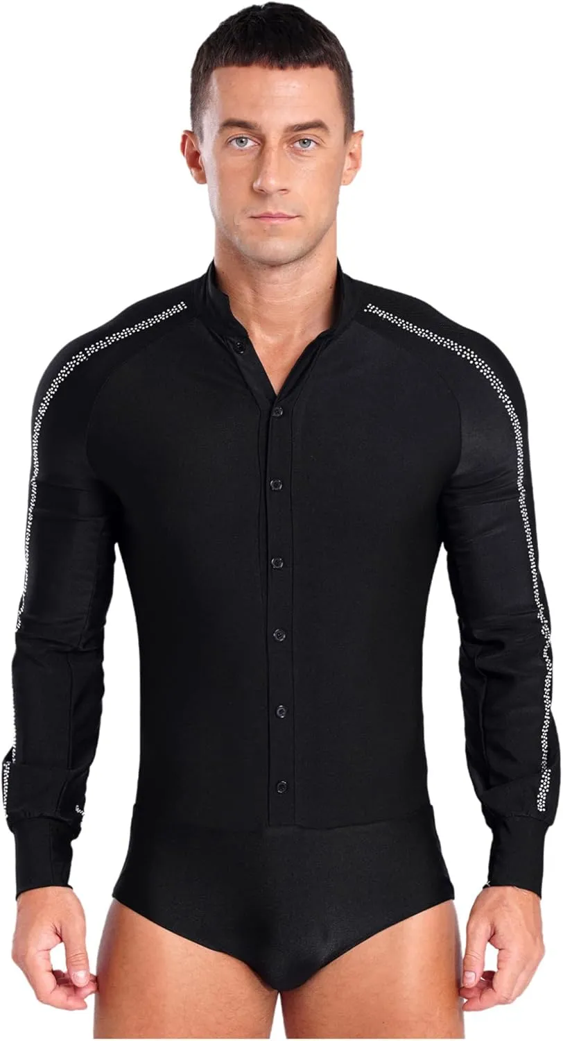 ACSUSS Men's Latin Ballroom Dance Shirts V Neck Leotard Unitard Latin Chacha Salsa Samba Modern Dance Costume