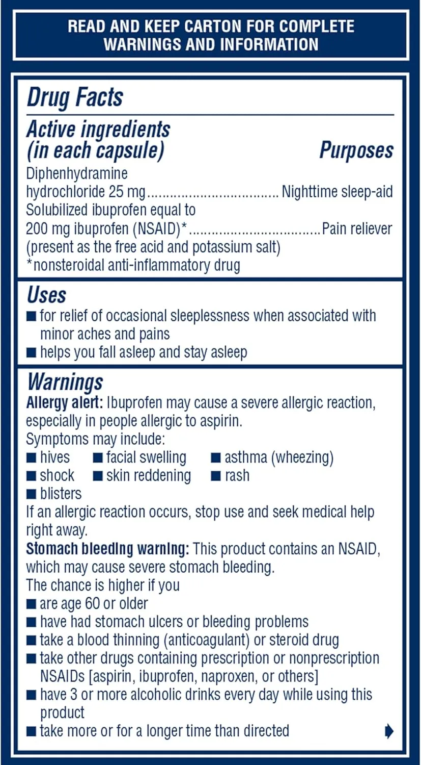 Advil PM Liqui-Gels Pain Reliever and Nighttime Sleep Aid, Pain Medicine with Ibuprofen for Pain Relief and Diphenhydramine HCL for a Sleep Aid - 80 Liquid Filled Capsules - Back to College
