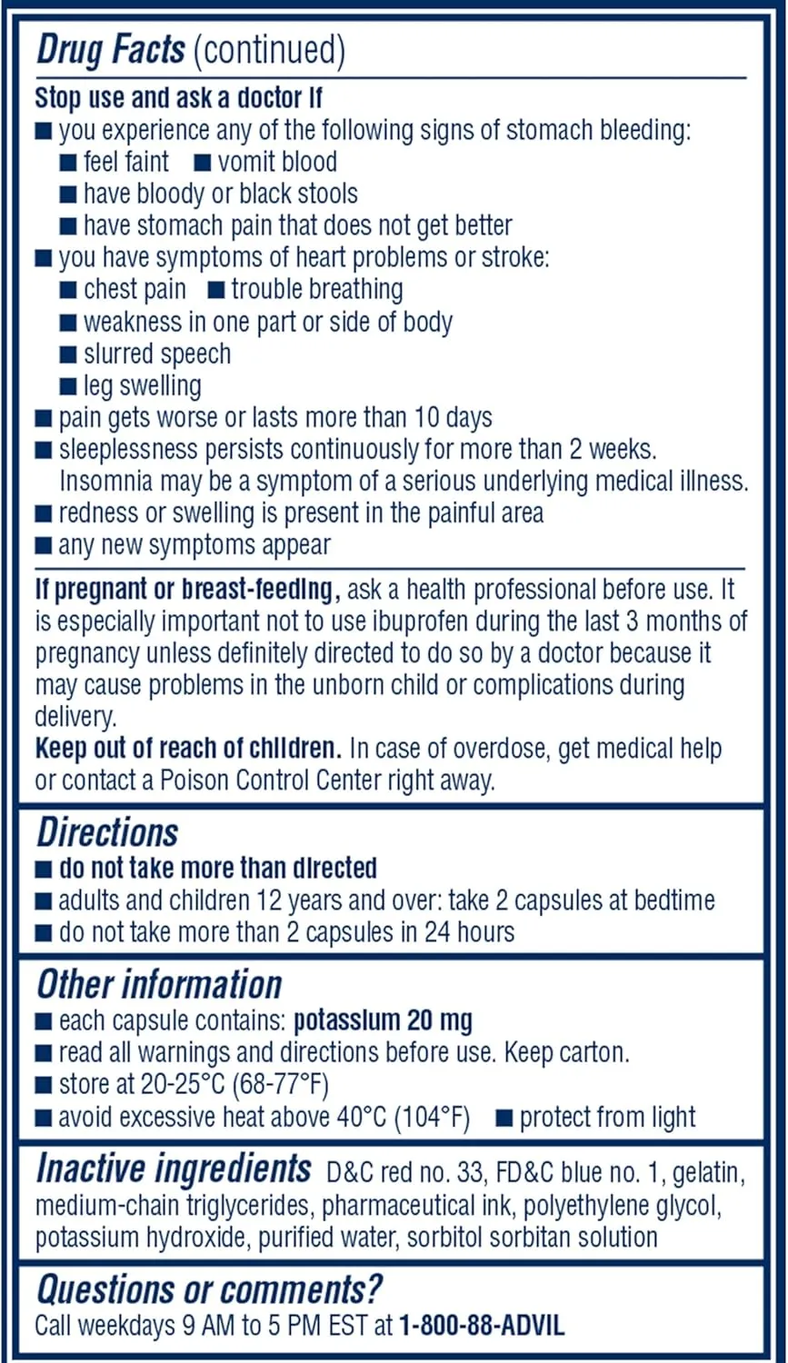 Advil PM Liqui-Gels Pain Reliever and Nighttime Sleep Aid, Pain Medicine with Ibuprofen for Pain Relief and Diphenhydramine HCL for a Sleep Aid - 80 Liquid Filled Capsules - Back to College