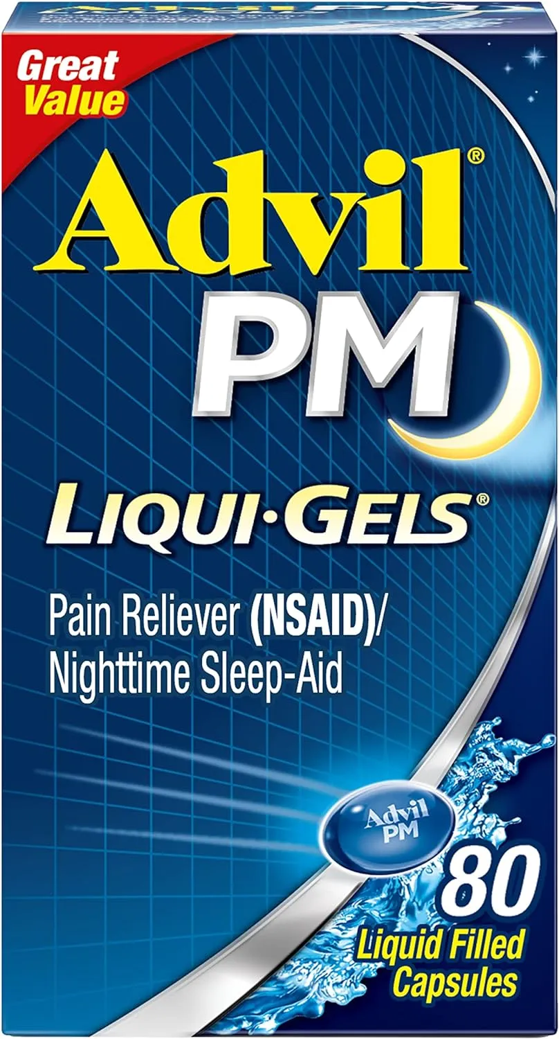 Advil PM Liqui-Gels Pain Reliever and Nighttime Sleep Aid, Pain Medicine with Ibuprofen for Pain Relief and Diphenhydramine HCL for a Sleep Aid - 80 Liquid Filled Capsules - Back to College