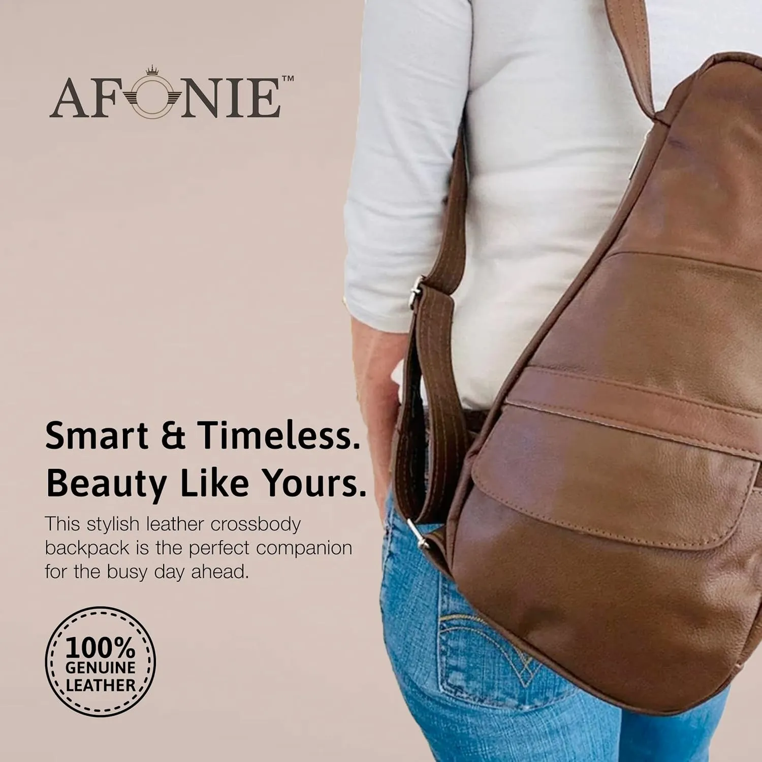 Afonie Unisex Tan Leather Sling Backpack Crossbody Bag