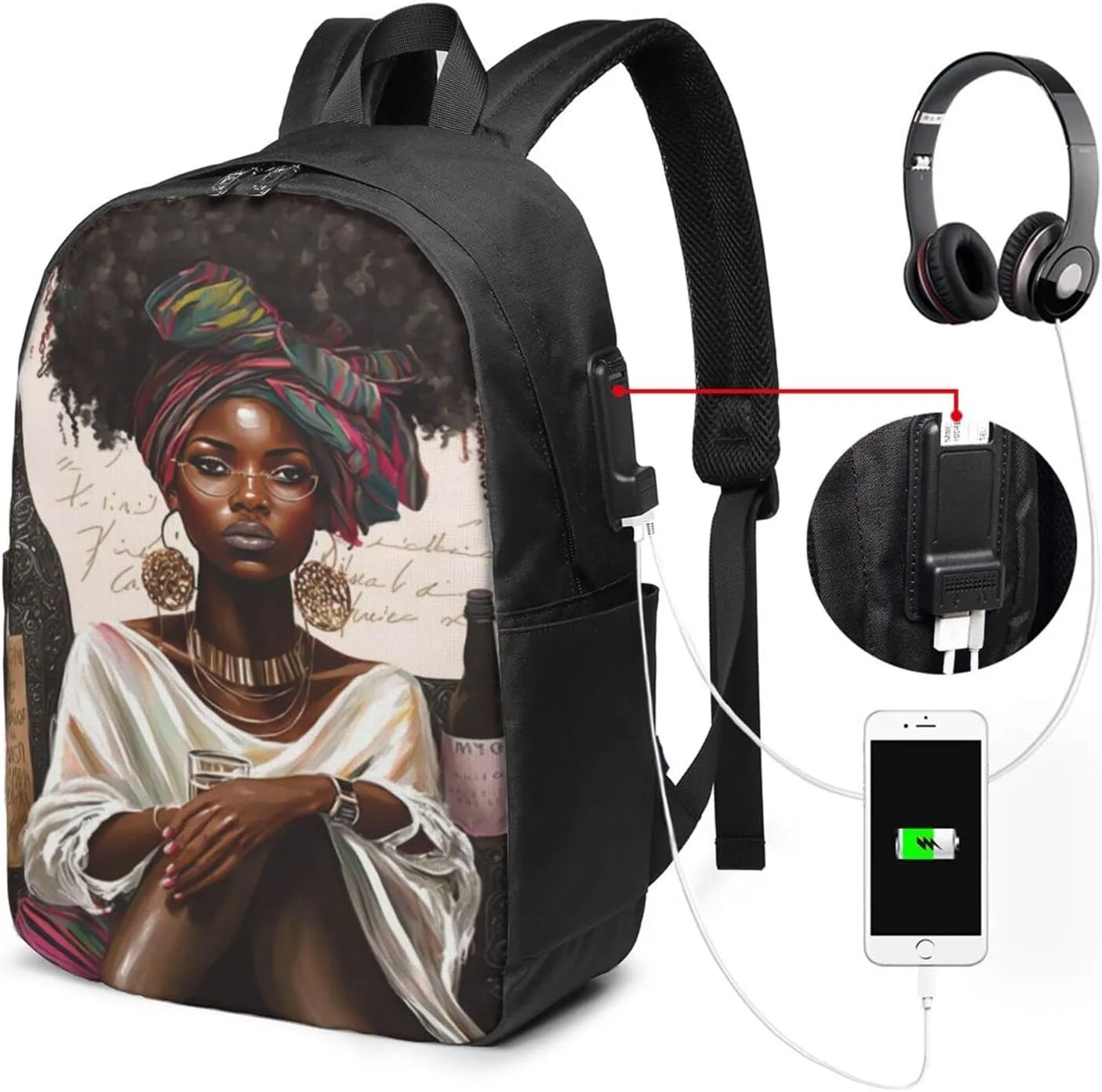 African American Black Woman Laptop Backpack, Travel Backpack with USB Charging Port, Computer Bag for Men Women