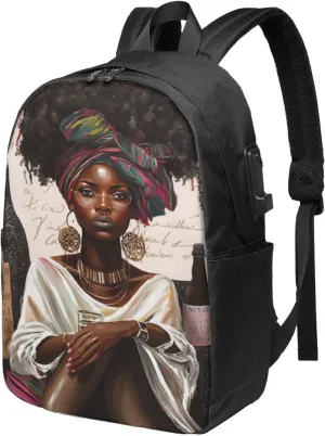 African American Black Woman Laptop Backpack, Travel Backpack with USB Charging Port, Computer Bag for Men Women