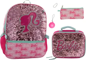 AI ACCESSORY INNOVATIONS Barbie 4 Piece Backpack Set, Sparkle & Shine with this Magic Flip Sequin School Bag for Girls with Zip Front Pocket, Pink