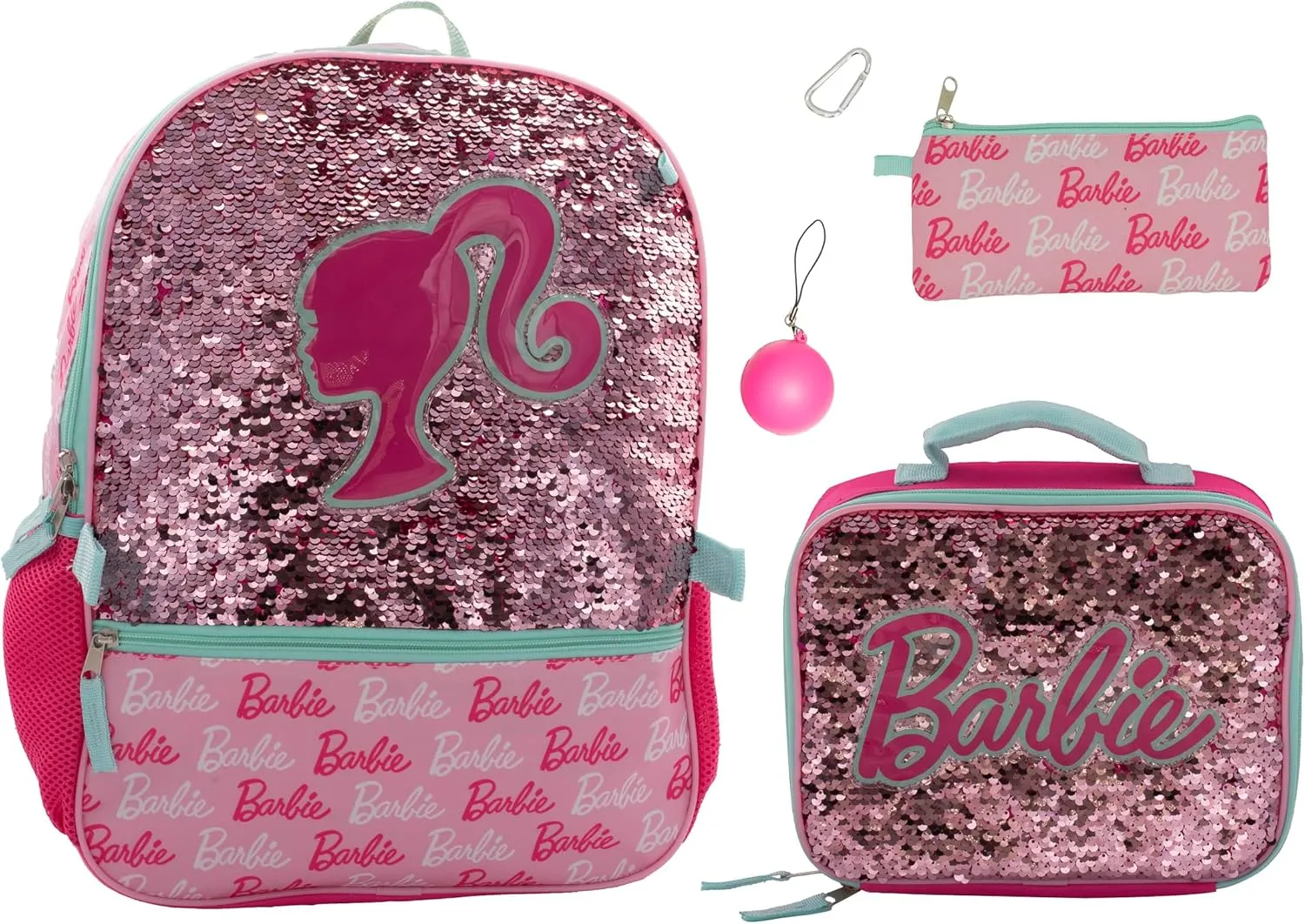 AI ACCESSORY INNOVATIONS Barbie 4 Piece Backpack Set, Sparkle & Shine with this Magic Flip Sequin School Bag for Girls with Zip Front Pocket, Pink